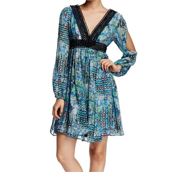 Betsey Johnson Gypset Watercolor Print Crochet trim Boho Chiffon dress size 6 - Picture 2 of 13